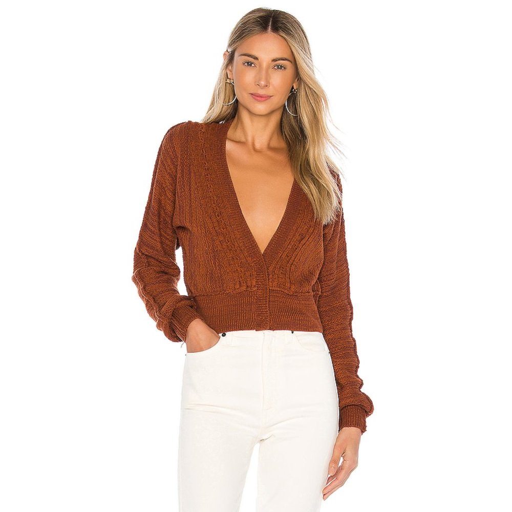 FREE PEOPLE Moon River Cropped Cardigan, Brown - Picture 2 of 10